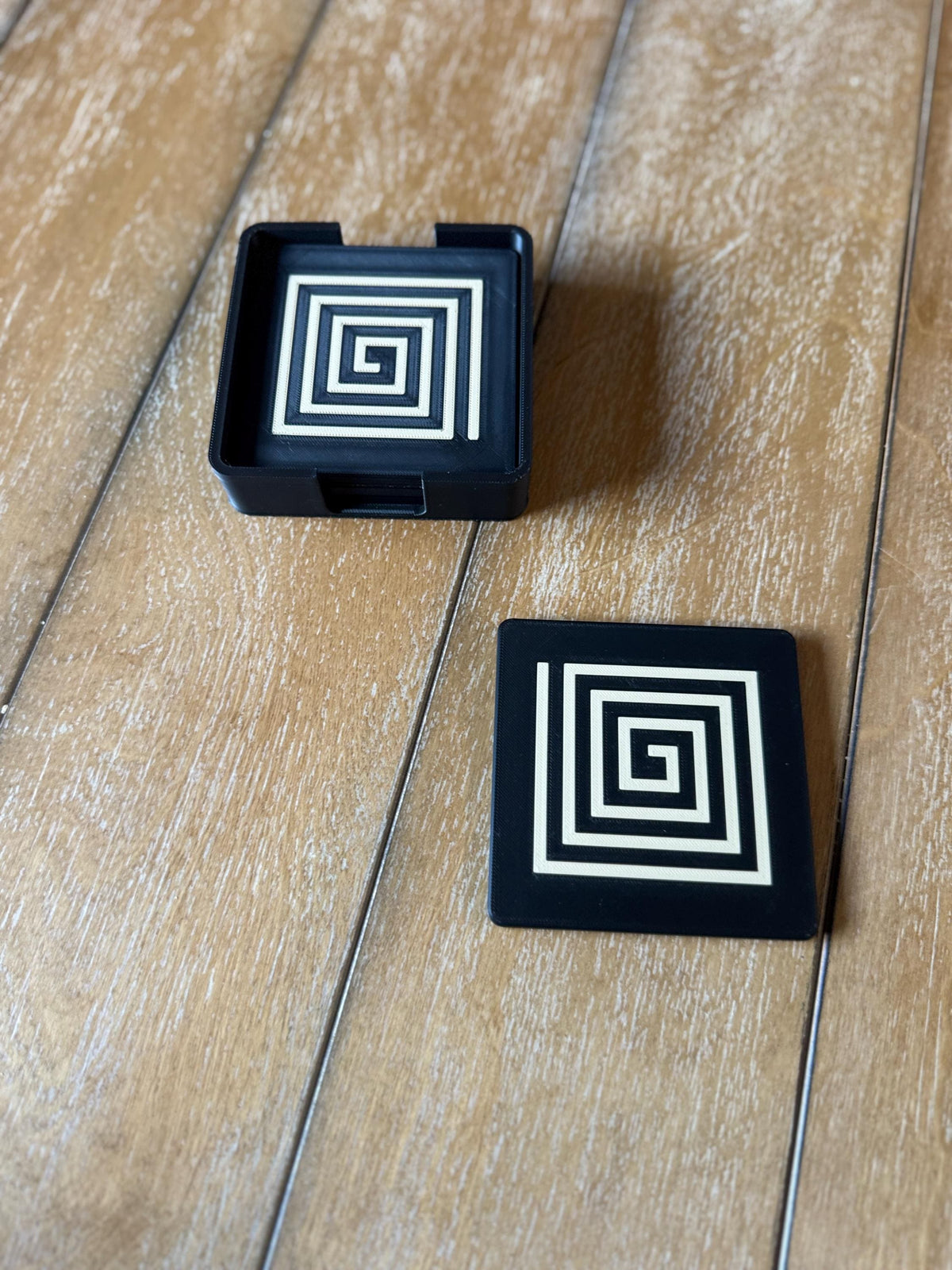 ART DECO Spiral Coaster Set Black Tan Square Drink Coasters Modern Geometric Home Gift