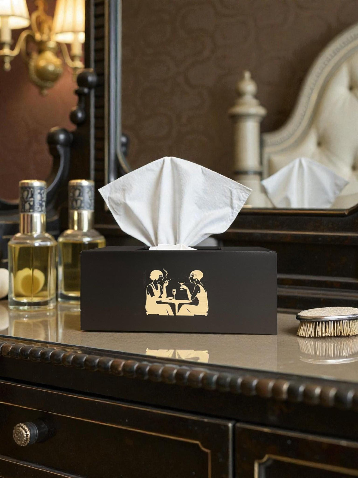 ART DECO FLAPPERS Cocktails Tissue Box Cover, Roaring 20s Speakeasy Decor, Black and Tan Rectangular Kleenex Holder for Bathroom Vanity