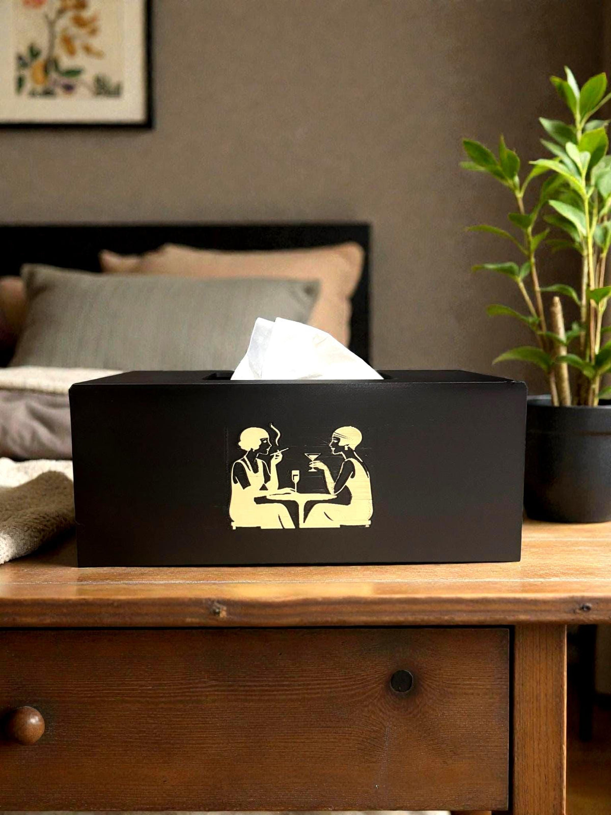 ART DECO FLAPPERS Cocktails Tissue Box Cover, Roaring 20s Speakeasy Decor, Black and Tan Rectangular Kleenex Holder for Bathroom Vanity