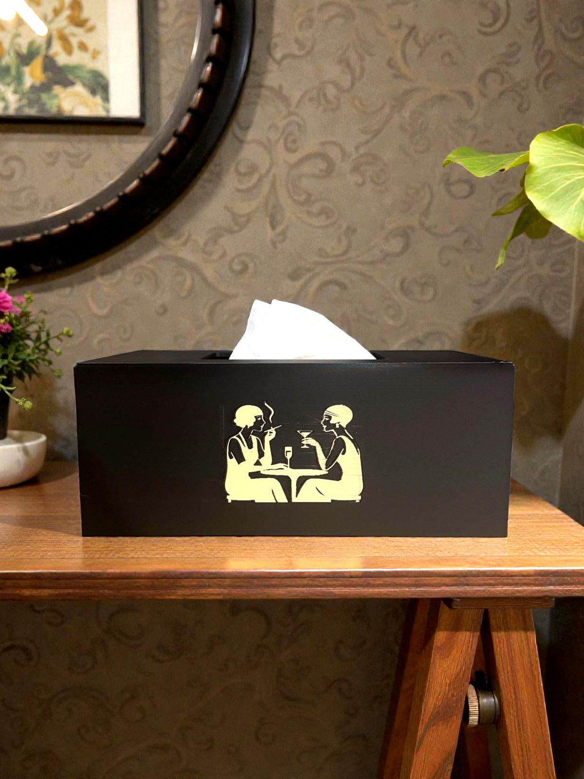 ART DECO FLAPPERS Cocktails Tissue Box Cover, Roaring 20s Speakeasy Decor, Black and Tan Rectangular Kleenex Holder for Bathroom Vanity