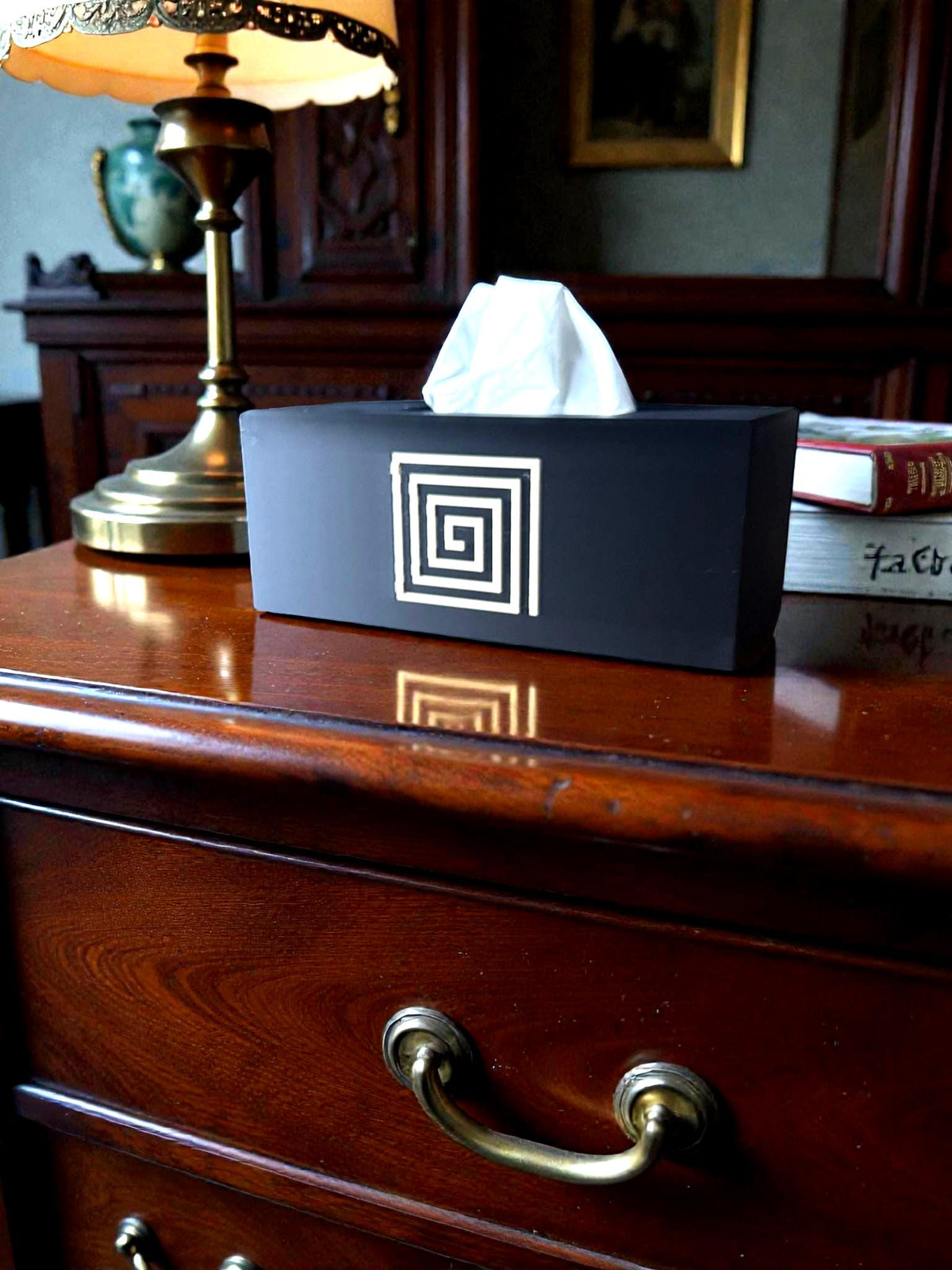 AZTEC Spiral ART DECO Rectangular Tissue Box Cover, Modern Bathroom Decor, Inspired by Ancient Americas art, Minimalist Vanity Gift Accent,