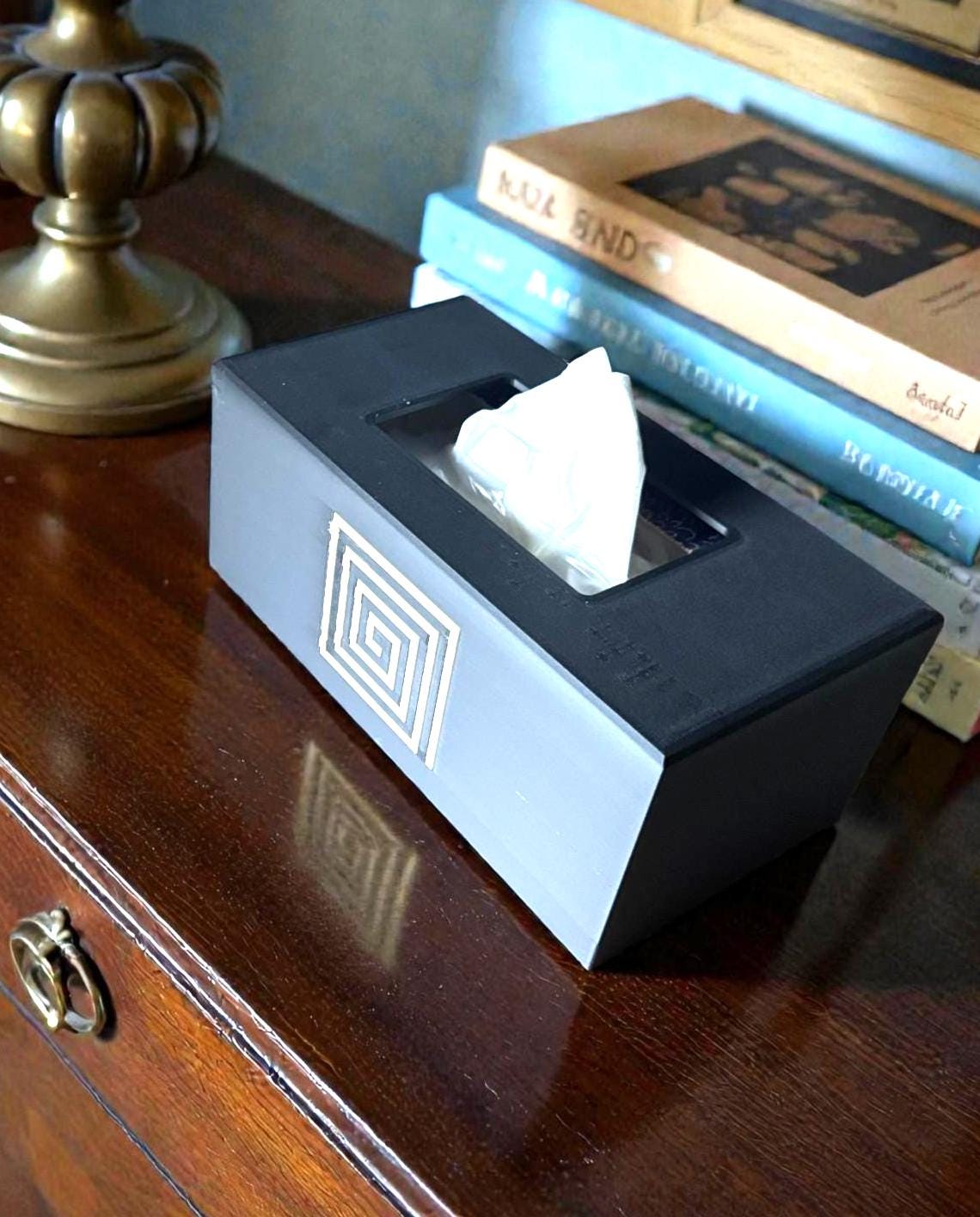 AZTEC Spiral ART DECO Rectangular Tissue Box Cover, Modern Bathroom Decor, Inspired by Ancient Americas art, Minimalist Vanity Gift Accent,