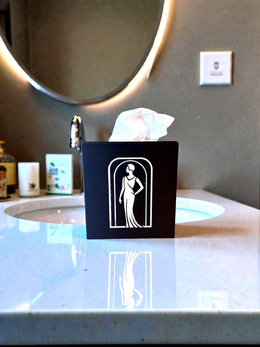 Art Deco Tissue Box Cover Tan on Black Lady Silhouette, Modern Square Bathroom Decor, Elegant Tissue Holder for Bedroom Vanity or Office