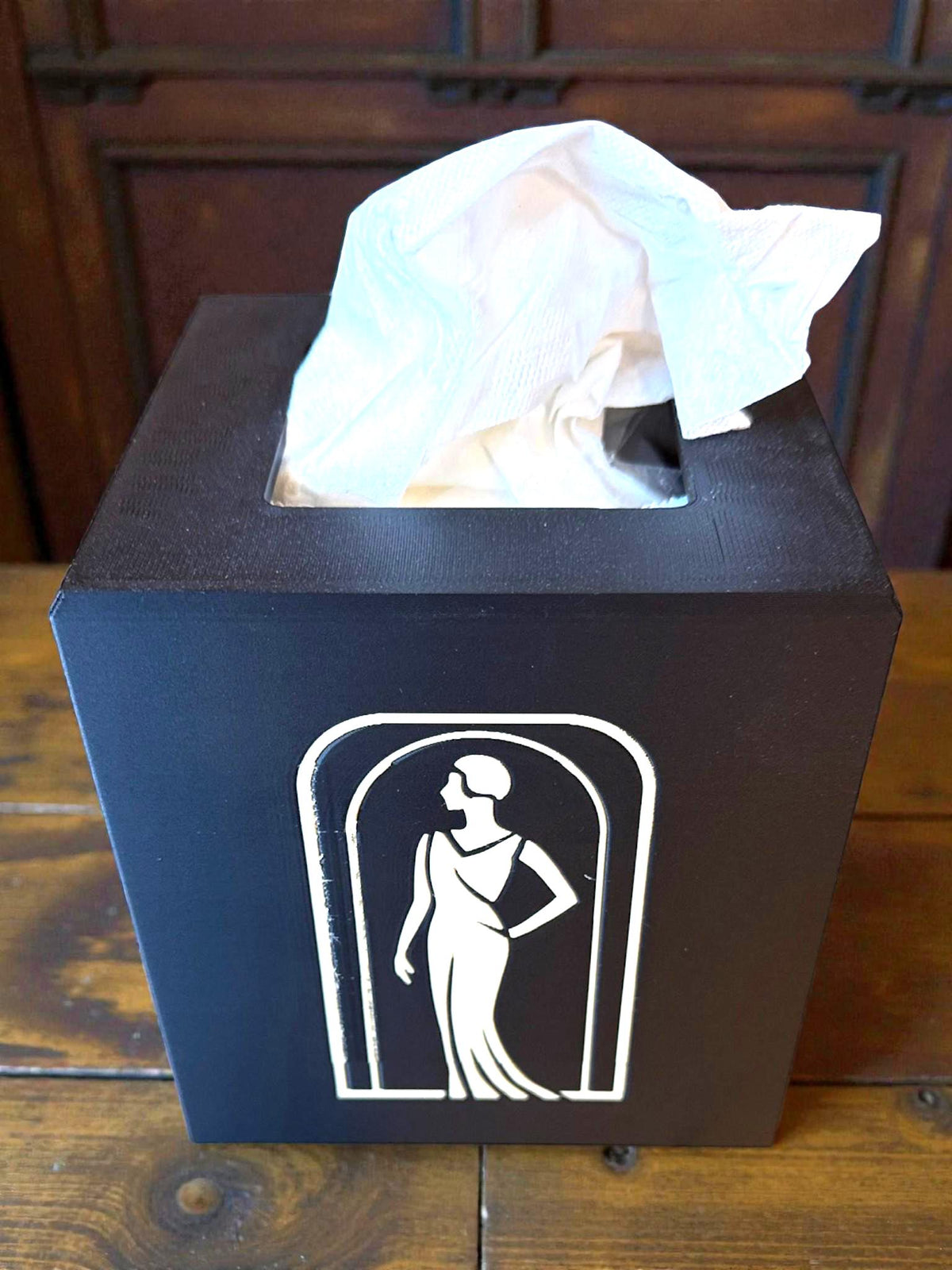 Art Deco Tissue Box Cover Tan on Black Lady Silhouette, Modern Square Bathroom Decor, Elegant Tissue Holder for Bedroom Vanity or Office