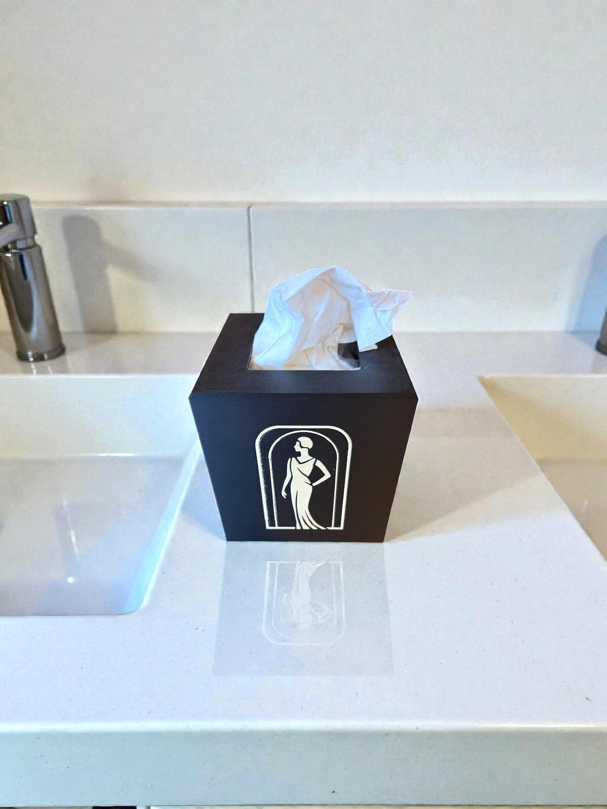 Art Deco Tissue Box Cover Tan on Black Lady Silhouette, Modern Square Bathroom Decor, Elegant Tissue Holder for Bedroom Vanity or Office