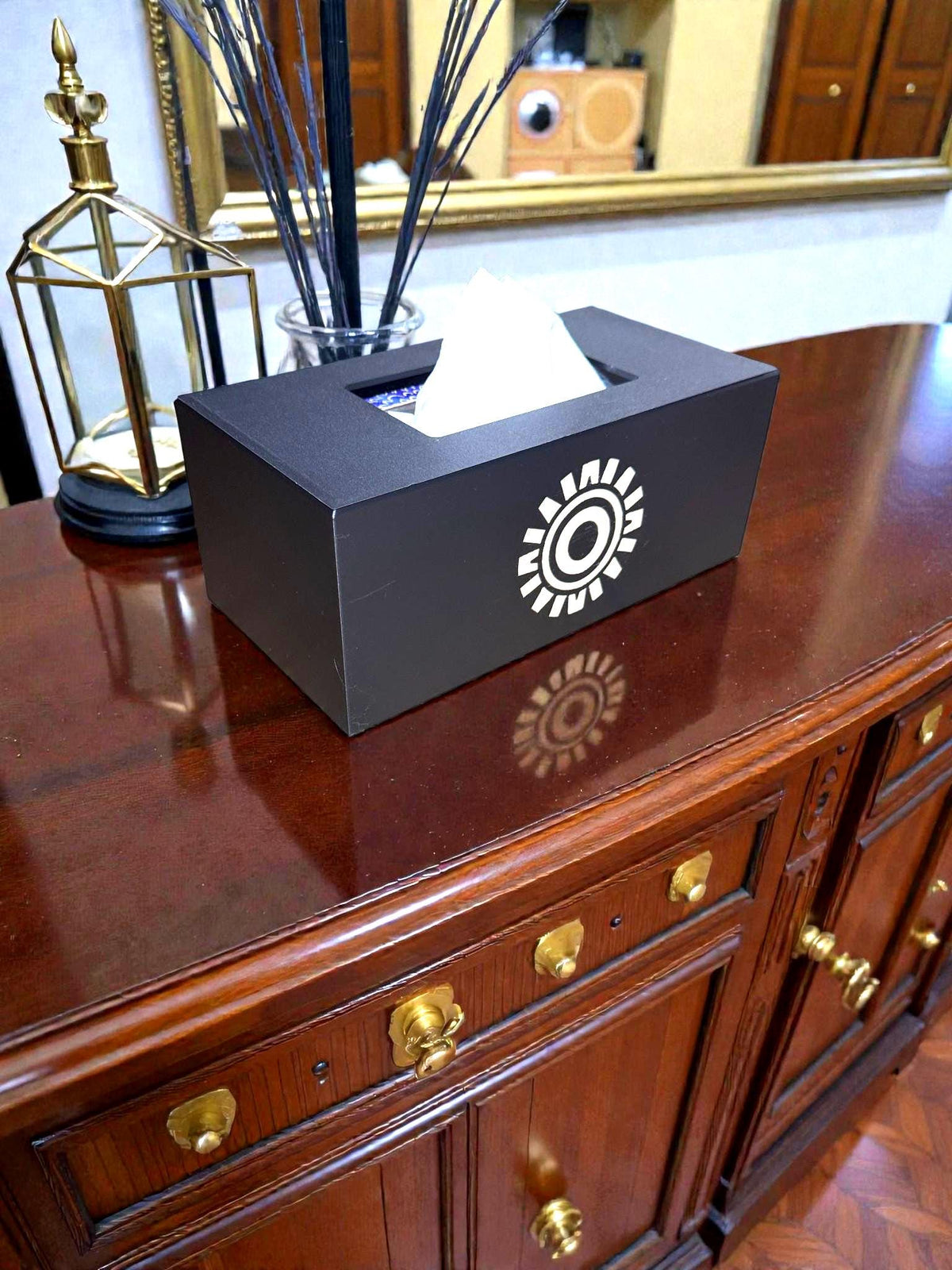 Aztec Sun ART DECO  Tissue Box Cover, Inspired by Ancient Americas Aztec design, modern boho rectangular kleenex holder,  accen