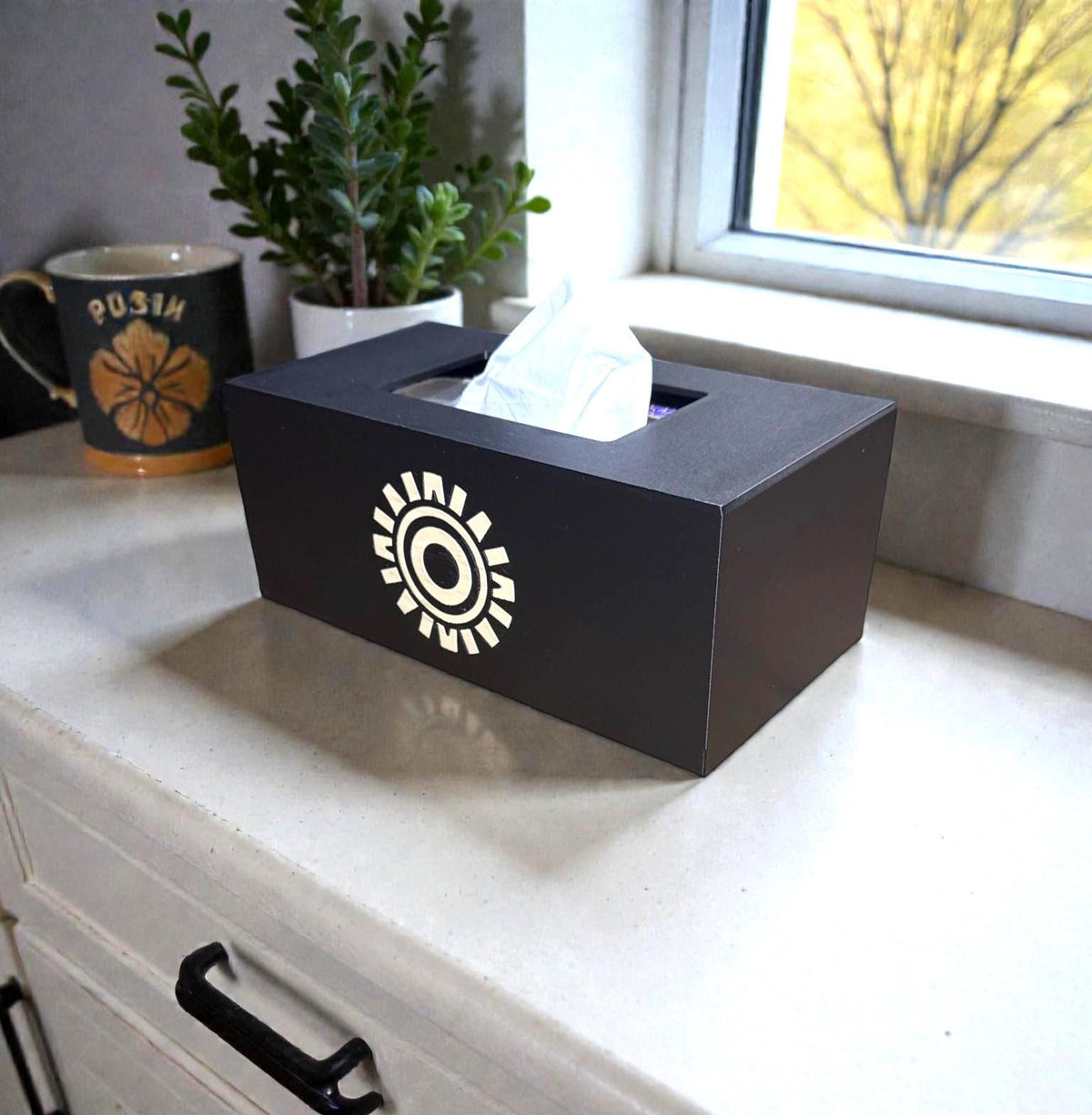 Aztec Sun ART DECO  Tissue Box Cover, Inspired by Ancient Americas Aztec design, modern boho rectangular kleenex holder,  accen