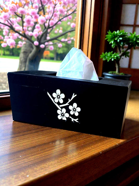 CHERRY BLOSSOM Tissue Box Cover, JAPANESE Zen Home Decor, Sakura Flower Bath Accessory, Black Tan Floral Bedroom Accent, Gift for Her