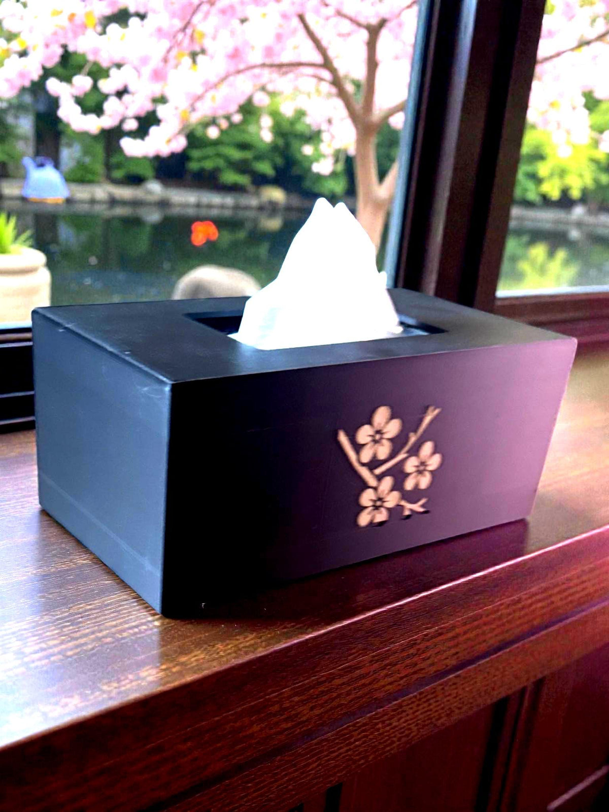CHERRY BLOSSOM Tissue Box Cover, JAPANESE Zen Home Decor, Sakura Flower Bath Accessory, Black Tan Floral Bedroom Accent, Gift for Her