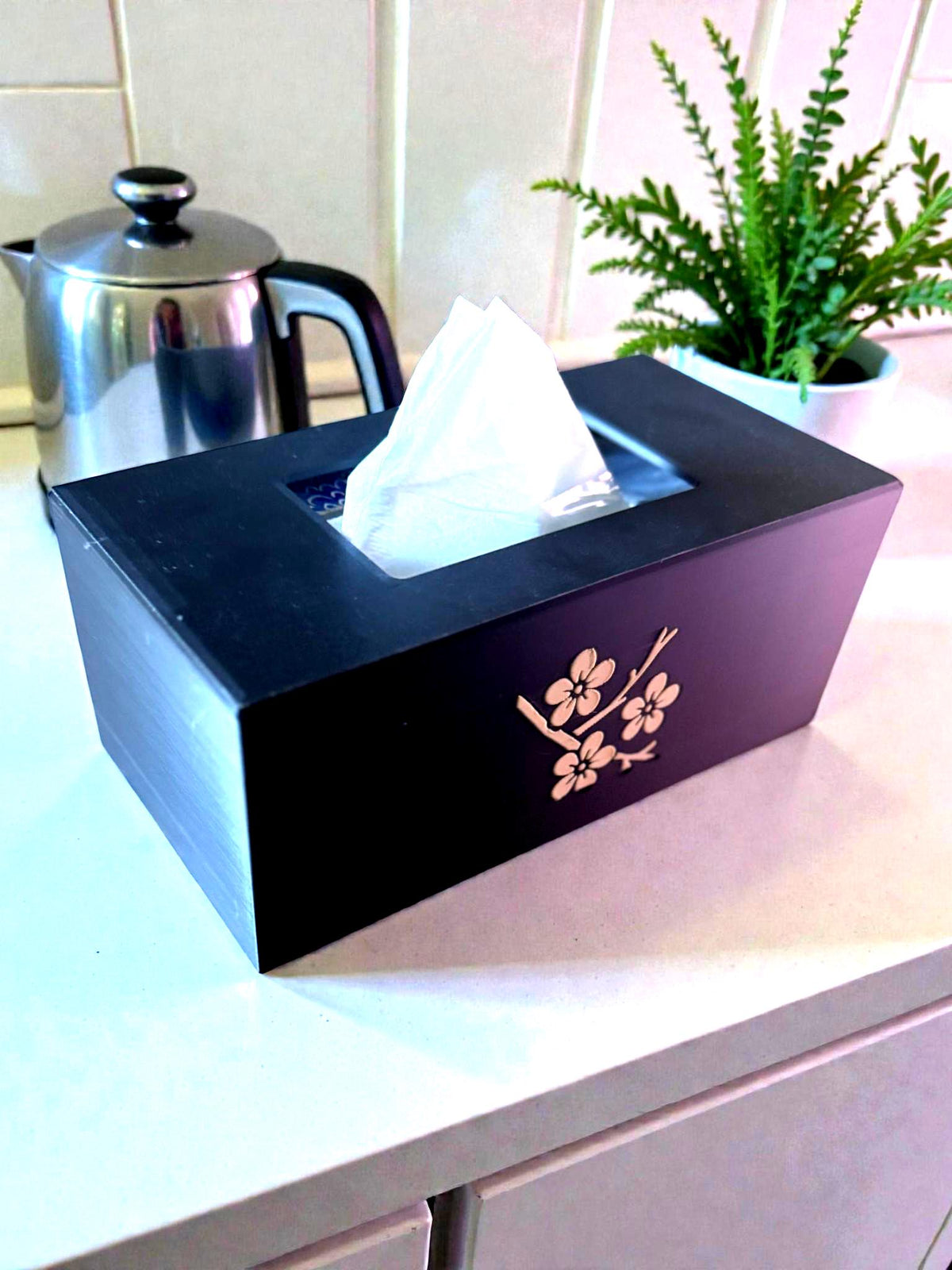 CHERRY BLOSSOM Tissue Box Cover, JAPANESE Zen Home Decor, Sakura Flower Bath Accessory, Black Tan Floral Bedroom Accent, Gift for Her