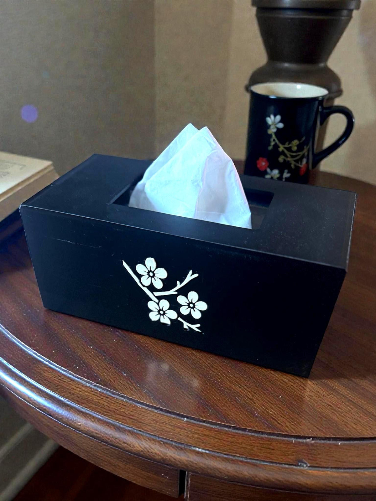CHERRY BLOSSOM Tissue Box Cover, JAPANESE Zen Home Decor, Sakura Flower Bath Accessory, Black Tan Floral Bedroom Accent, Gift for Her
