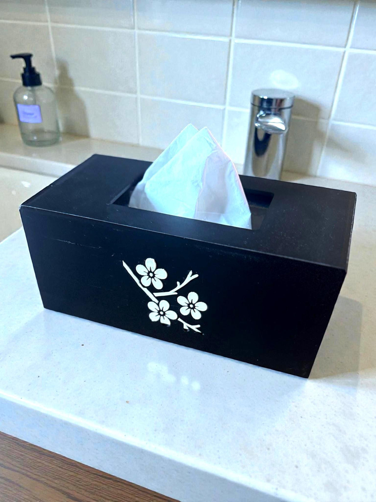 CHERRY BLOSSOM Tissue Box Cover, JAPANESE Zen Home Decor, Sakura Flower Bath Accessory, Black Tan Floral Bedroom Accent, Gift for Her