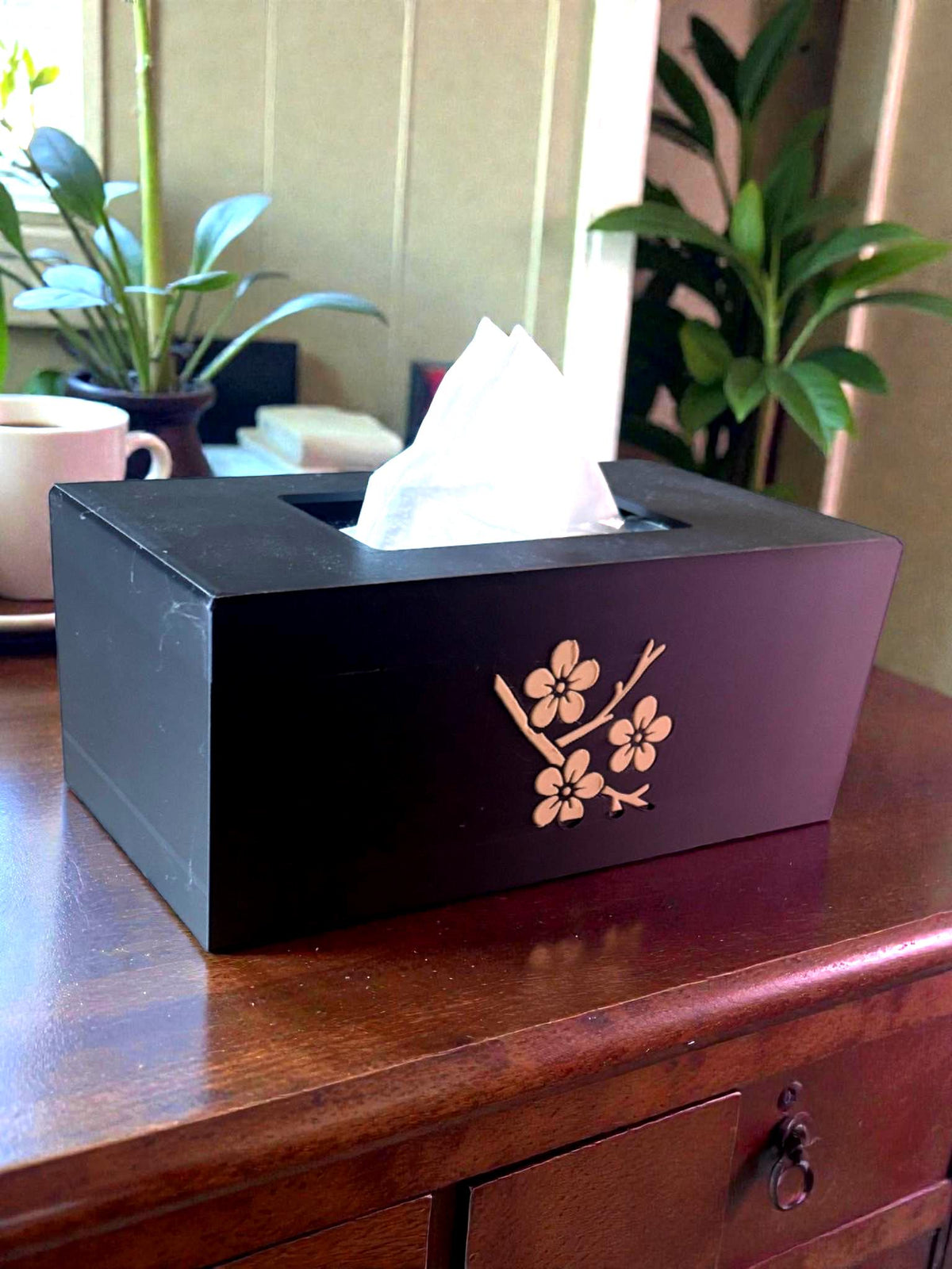 CHERRY BLOSSOM Tissue Box Cover, JAPANESE Zen Home Decor, Sakura Flower Bath Accessory, Black Tan Floral Bedroom Accent, Gift for Her