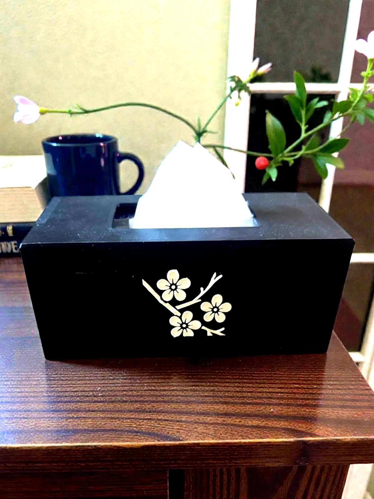 CHERRY BLOSSOM Tissue Box Cover, JAPANESE Zen Home Decor, Sakura Flower Bath Accessory, Black Tan Floral Bedroom Accent, Gift for Her