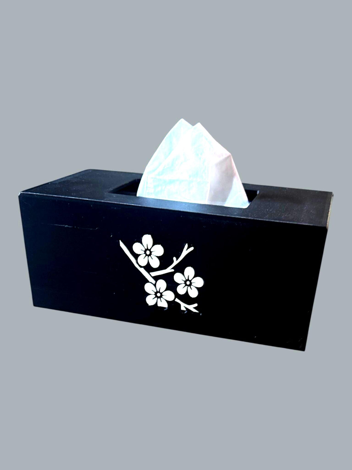CHERRY BLOSSOM Tissue Box Cover, JAPANESE Zen Home Decor, Sakura Flower Bath Accessory, Black Tan Floral Bedroom Accent, Gift for Her