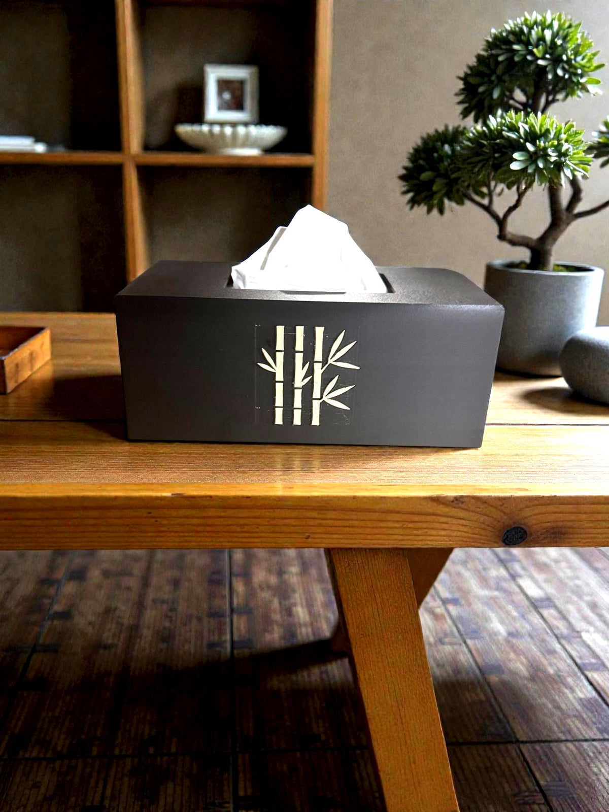 Bamboo Tissue Box Cover Black and Ivory, Modern Zen Tissue Holder, Rectangular Bathroom Decor, Japanese Style Gift