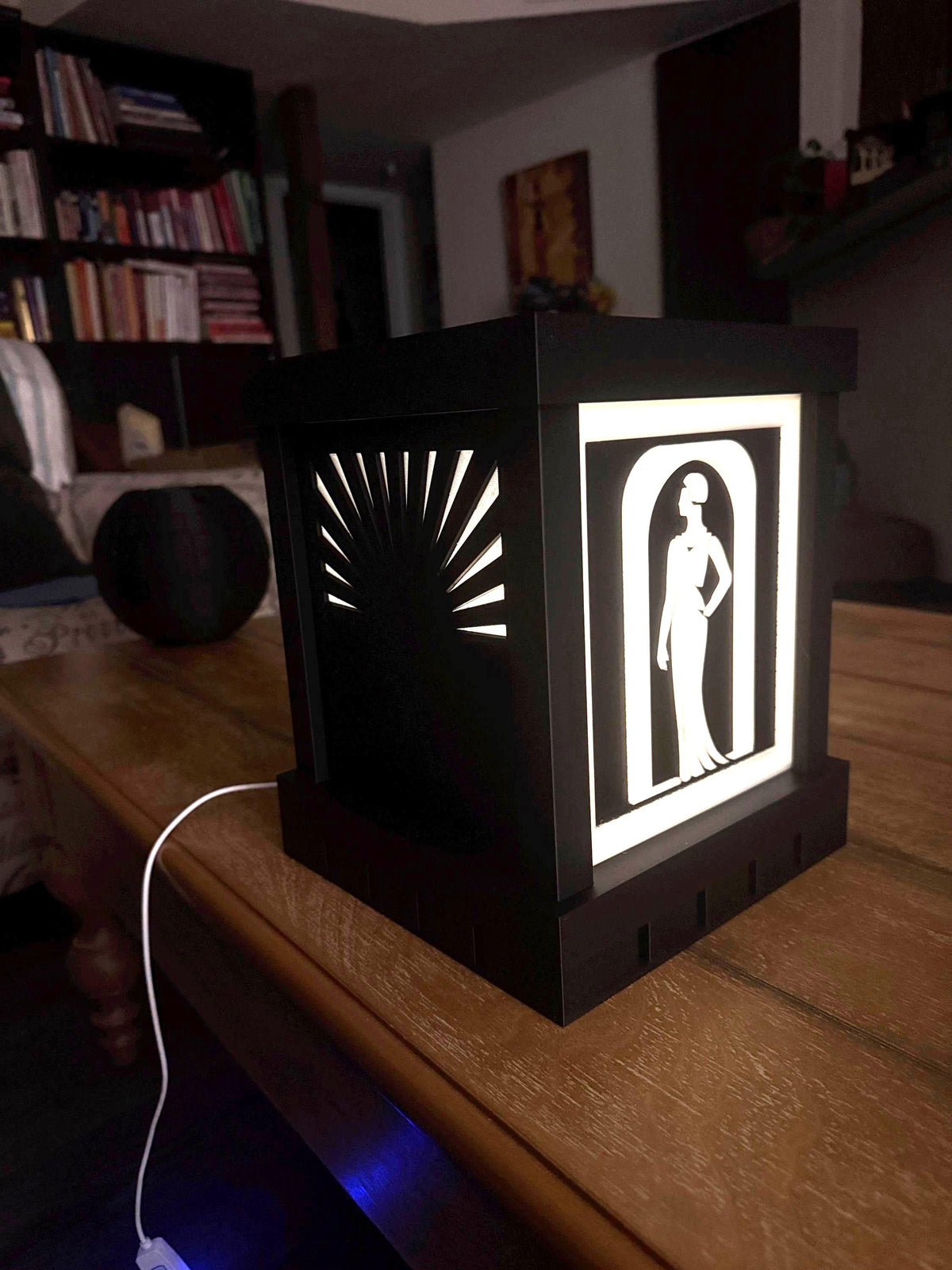 ART DECO Lady in Black Table Lamp, Starburst Panels, Dimmer LED Mood Light, Special Introductory Pricing