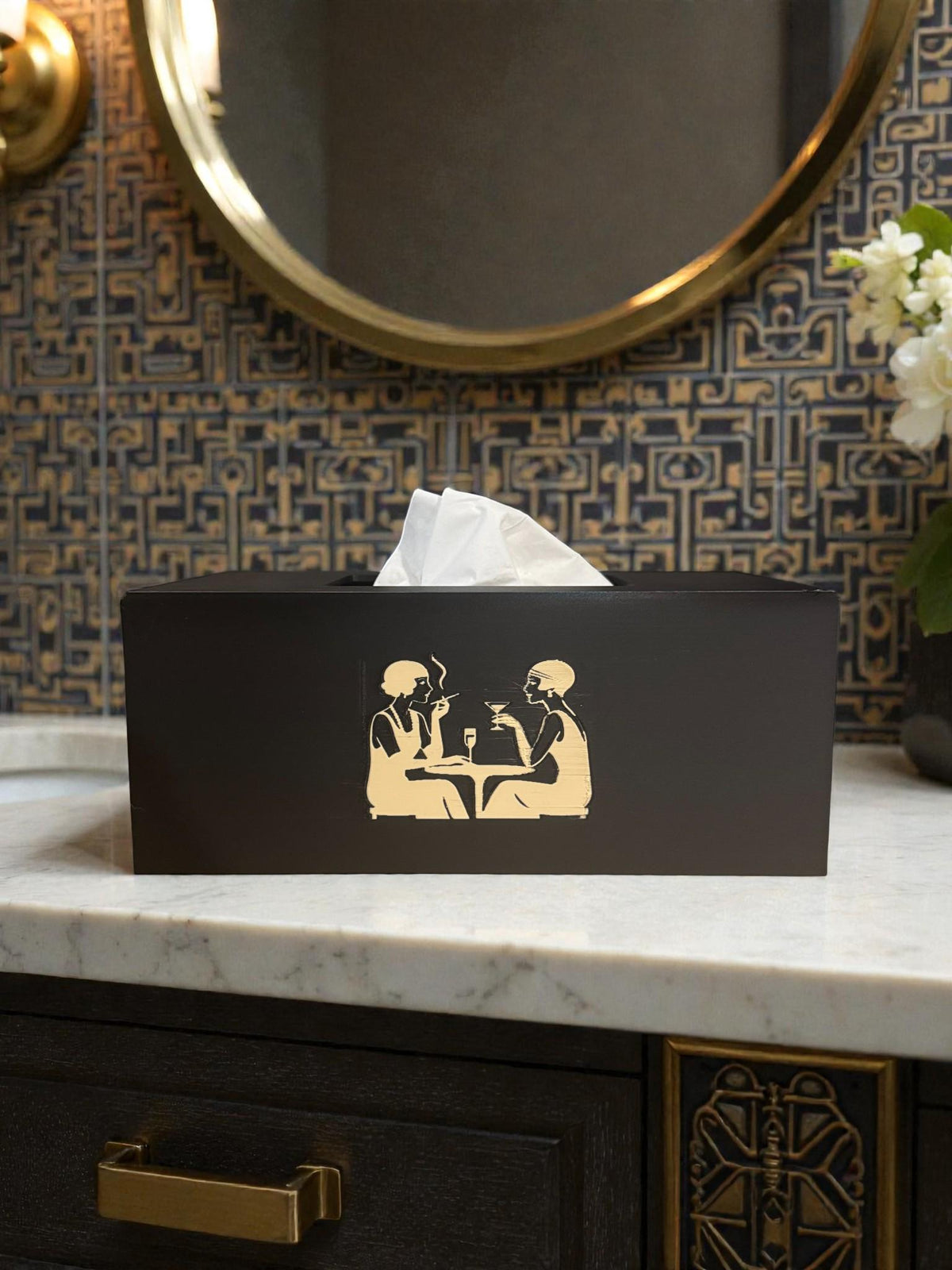 ART DECO FLAPPERS Cocktails Tissue Box Cover, Roaring 20s Speakeasy Decor, Black and Tan Rectangular Kleenex Holder for Bathroom Vanity