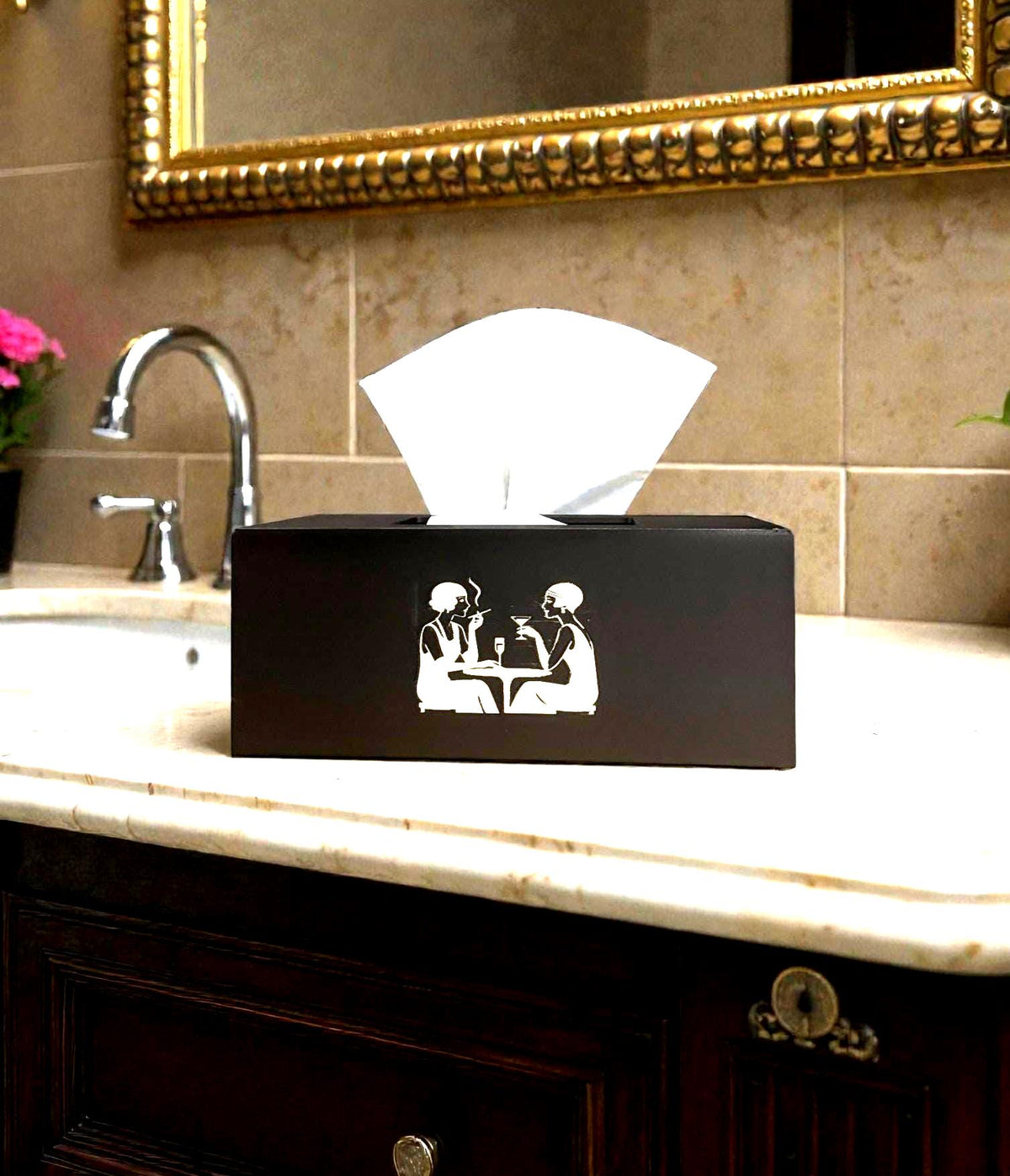 ART DECO FLAPPERS Cocktails Tissue Box Cover, Roaring 20s Speakeasy Decor, Black and Tan Rectangular Kleenex Holder for Bathroom Vanity