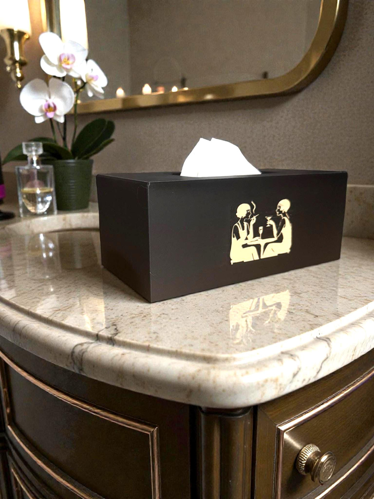 ART DECO FLAPPERS Cocktails Tissue Box Cover, Roaring 20s Speakeasy Decor, Black and Tan Rectangular Kleenex Holder for Bathroom Vanity