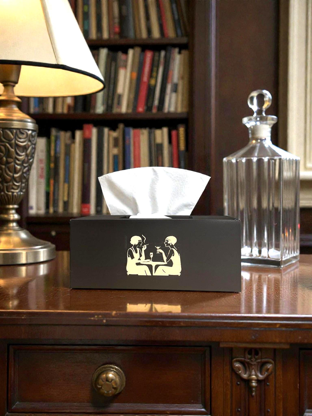 ART DECO FLAPPERS Cocktails Tissue Box Cover, Roaring 20s Speakeasy Decor, Black and Tan Rectangular Kleenex Holder for Bathroom Vanity