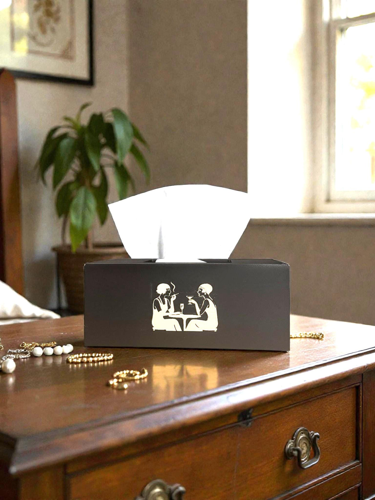 ART DECO FLAPPERS Cocktails Tissue Box Cover, Roaring 20s Speakeasy Decor, Black and Tan Rectangular Kleenex Holder for Bathroom Vanity