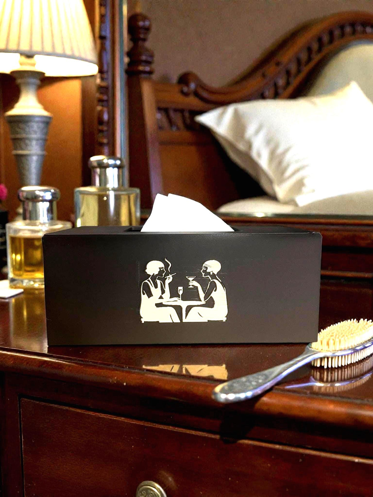 ART DECO FLAPPERS Cocktails Tissue Box Cover, Roaring 20s Speakeasy Decor, Black and Tan Rectangular Kleenex Holder for Bathroom Vanity