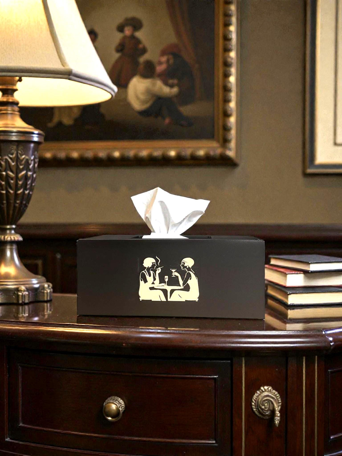 ART DECO FLAPPERS Cocktails Tissue Box Cover, Roaring 20s Speakeasy Decor, Black and Tan Rectangular Kleenex Holder for Bathroom Vanity