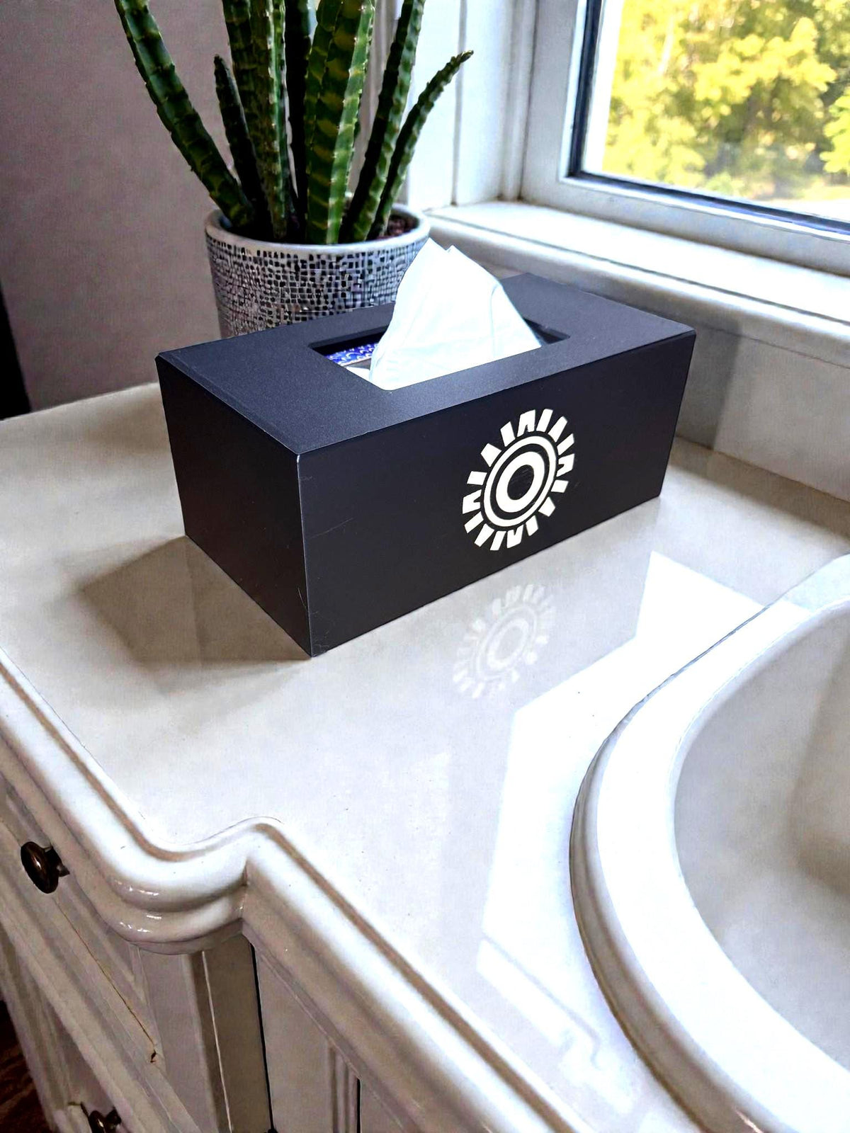 Aztec Sun ART DECO  Tissue Box Cover, Inspired by Ancient Americas Aztec design, modern boho rectangular kleenex holder,  accen