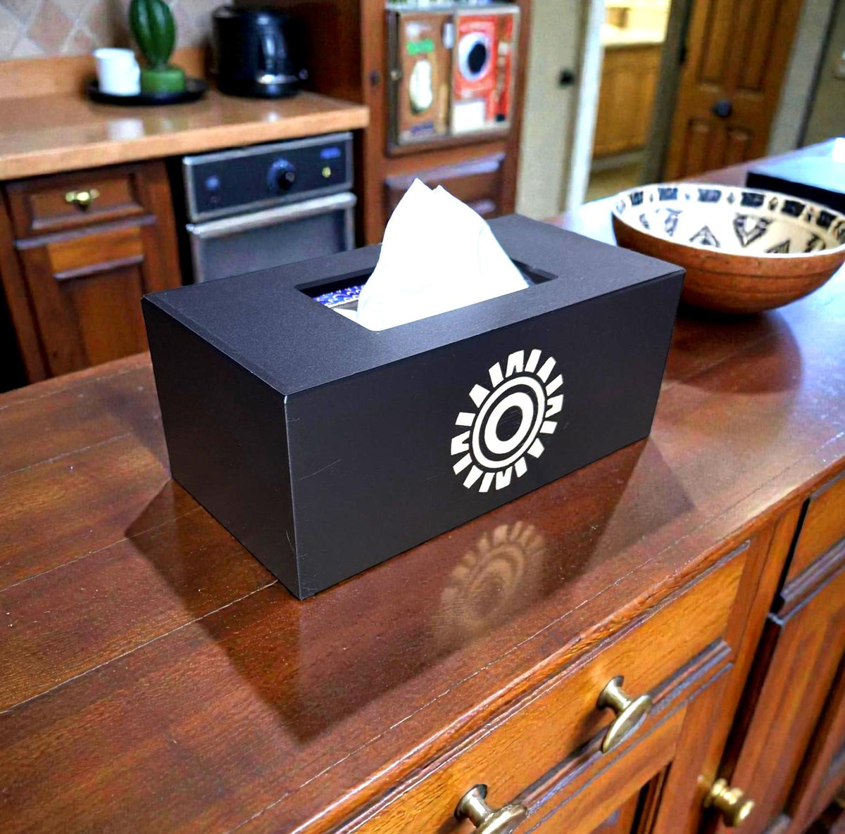 Aztec Sun ART DECO  Tissue Box Cover, Inspired by Ancient Americas Aztec design, modern boho rectangular kleenex holder,  accen