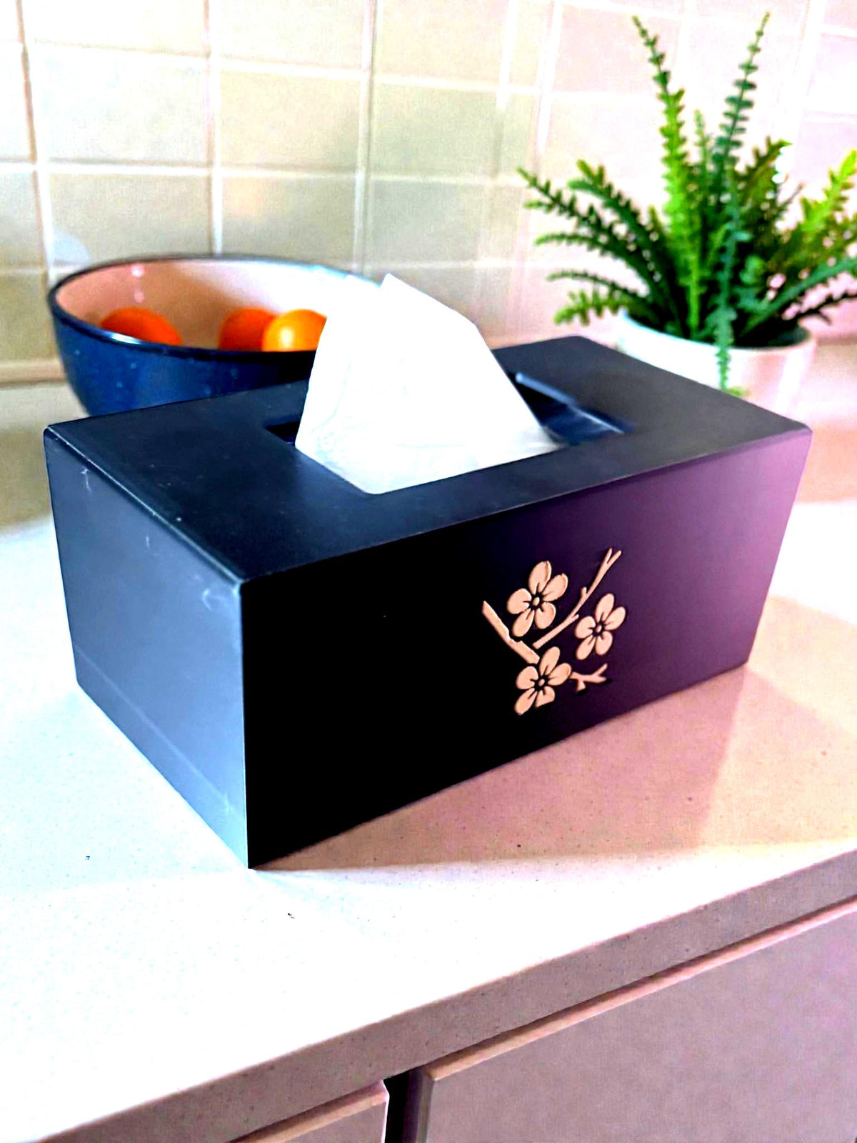 CHERRY BLOSSOM Tissue Box Cover, JAPANESE Zen Home Decor, Sakura Flower Bath Accessory, Black Tan Floral Bedroom Accent, Gift for Her