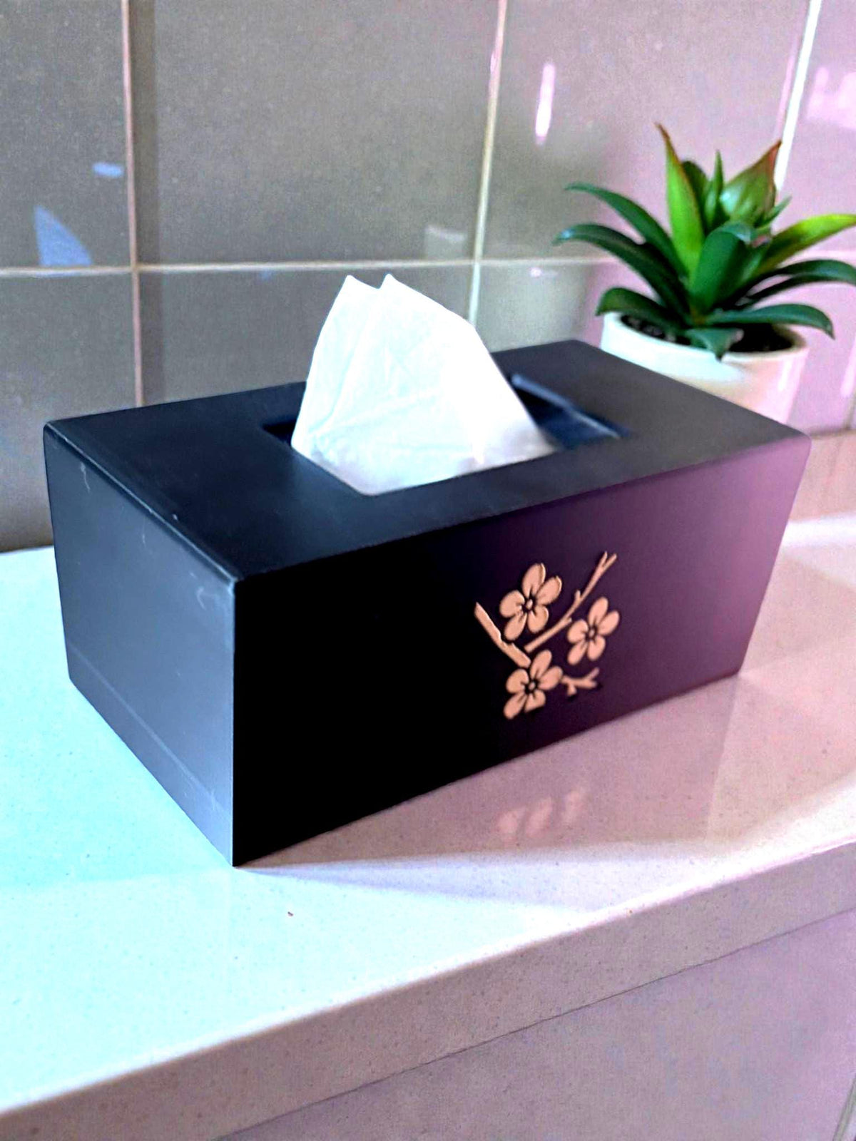 CHERRY BLOSSOM Tissue Box Cover, JAPANESE Zen Home Decor, Sakura Flower Bath Accessory, Black Tan Floral Bedroom Accent, Gift for Her