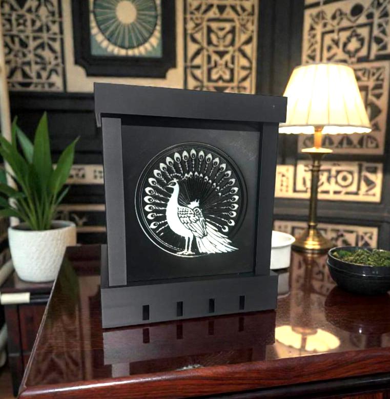 Art Deco PEACOCK SPENDLOR Lamp, black and ivory/gold/tan table light, three tone LED, statement table or bedside decor, glam gift for her