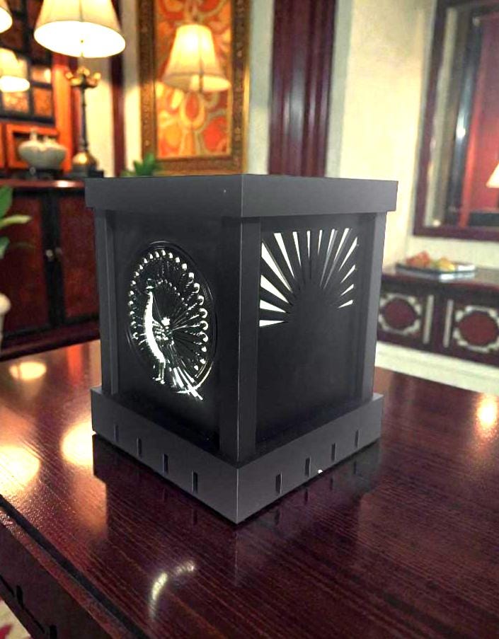 Art Deco PEACOCK SPENDLOR Lamp, black and ivory/gold/tan table light, three tone LED, statement table or bedside decor, glam gift for her