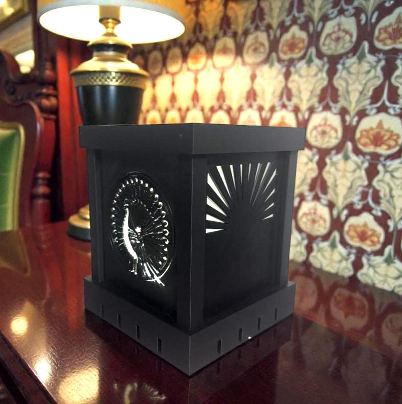 Art Deco PEACOCK SPENDLOR Lamp, black and ivory/gold/tan table light, three tone LED, statement table or bedside decor, glam gift for her