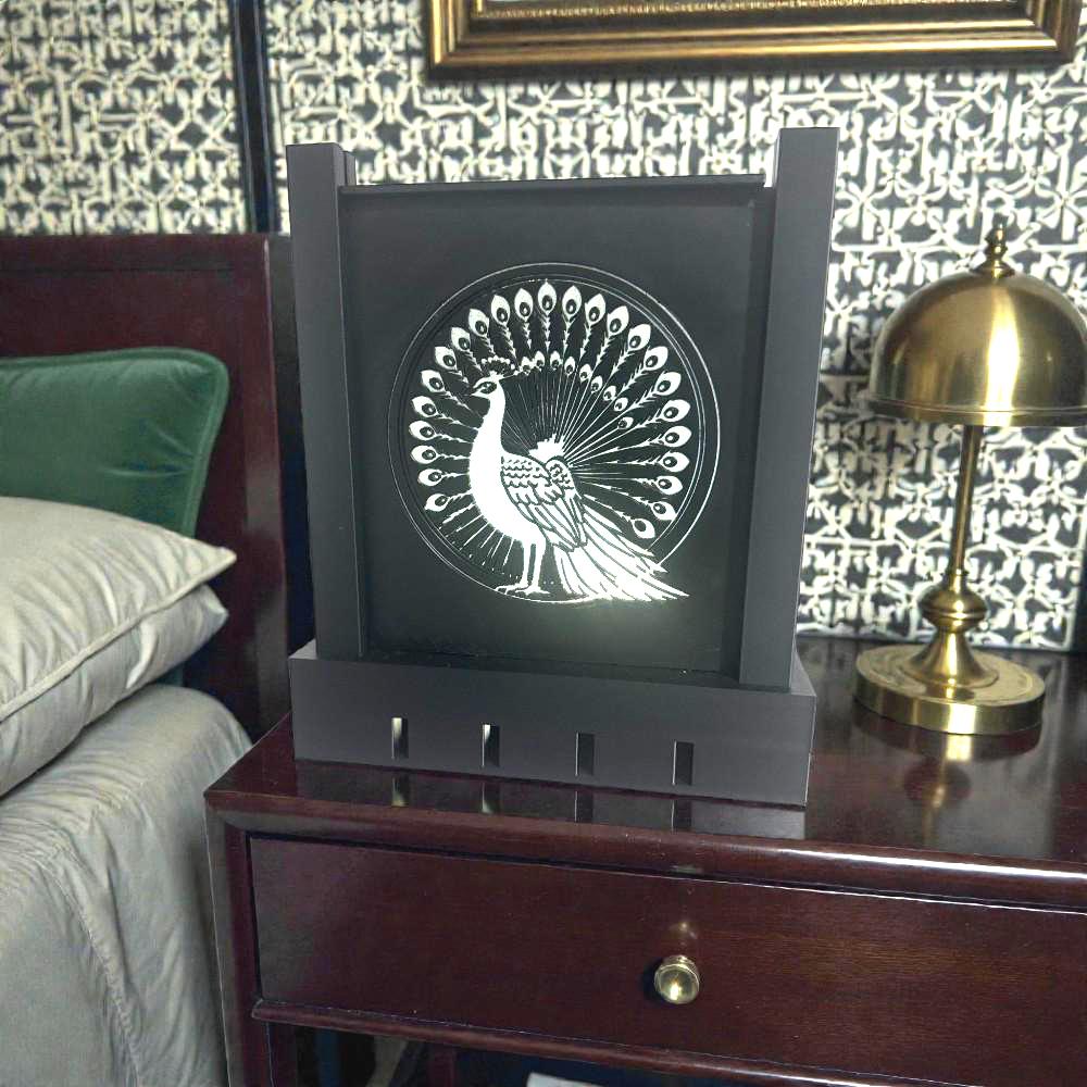 Art Deco PEACOCK SPENDLOR Lamp, black and ivory/gold/tan table light, three tone LED, statement table or bedside decor, glam gift for her