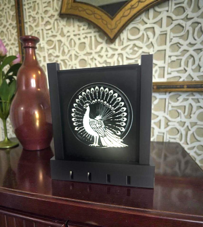 Art Deco PEACOCK SPENDLOR Lamp, black and ivory/gold/tan table light, three tone LED, statement table or bedside decor, glam gift for her