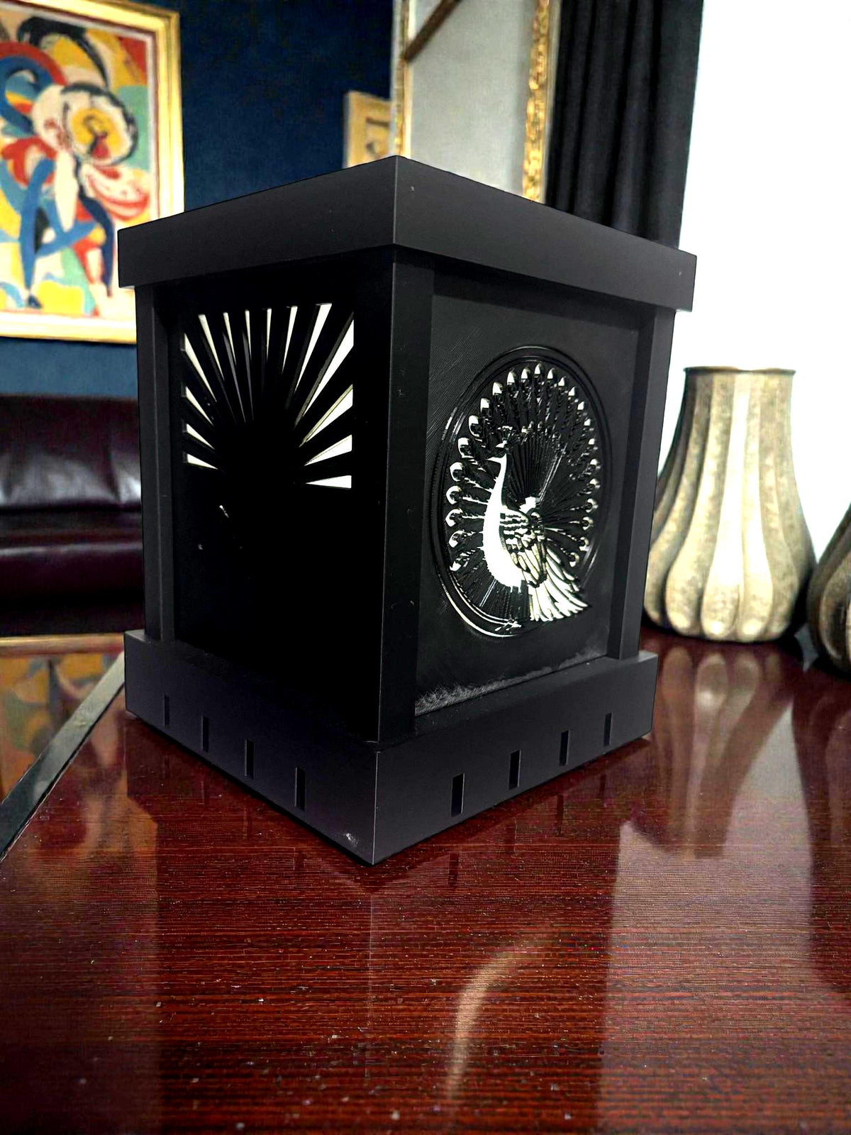 Art Deco PEACOCK SPENDLOR Lamp, black and ivory/gold/tan table light, three tone LED, statement table or bedside decor, glam gift for her