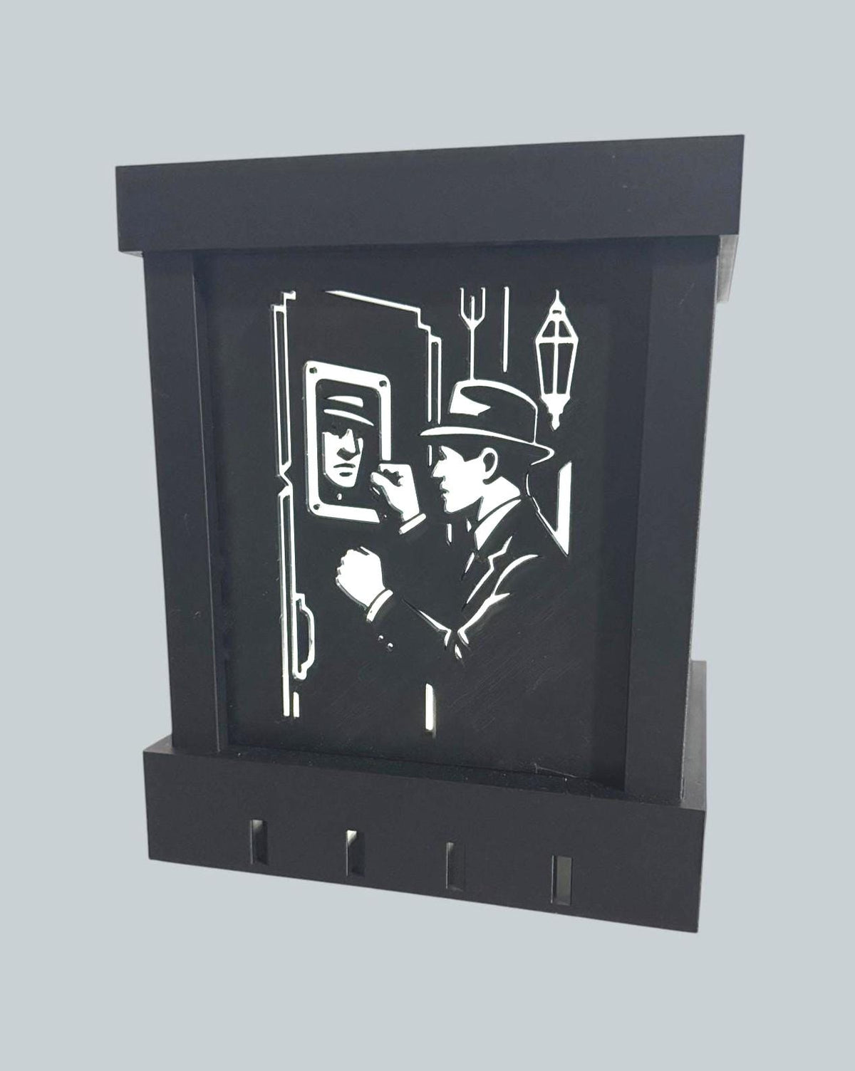 ART DECO Noir Table Light, The Knock at the Green Door, black gold LED lamp, detective silhouette decor, moody nightstand gift