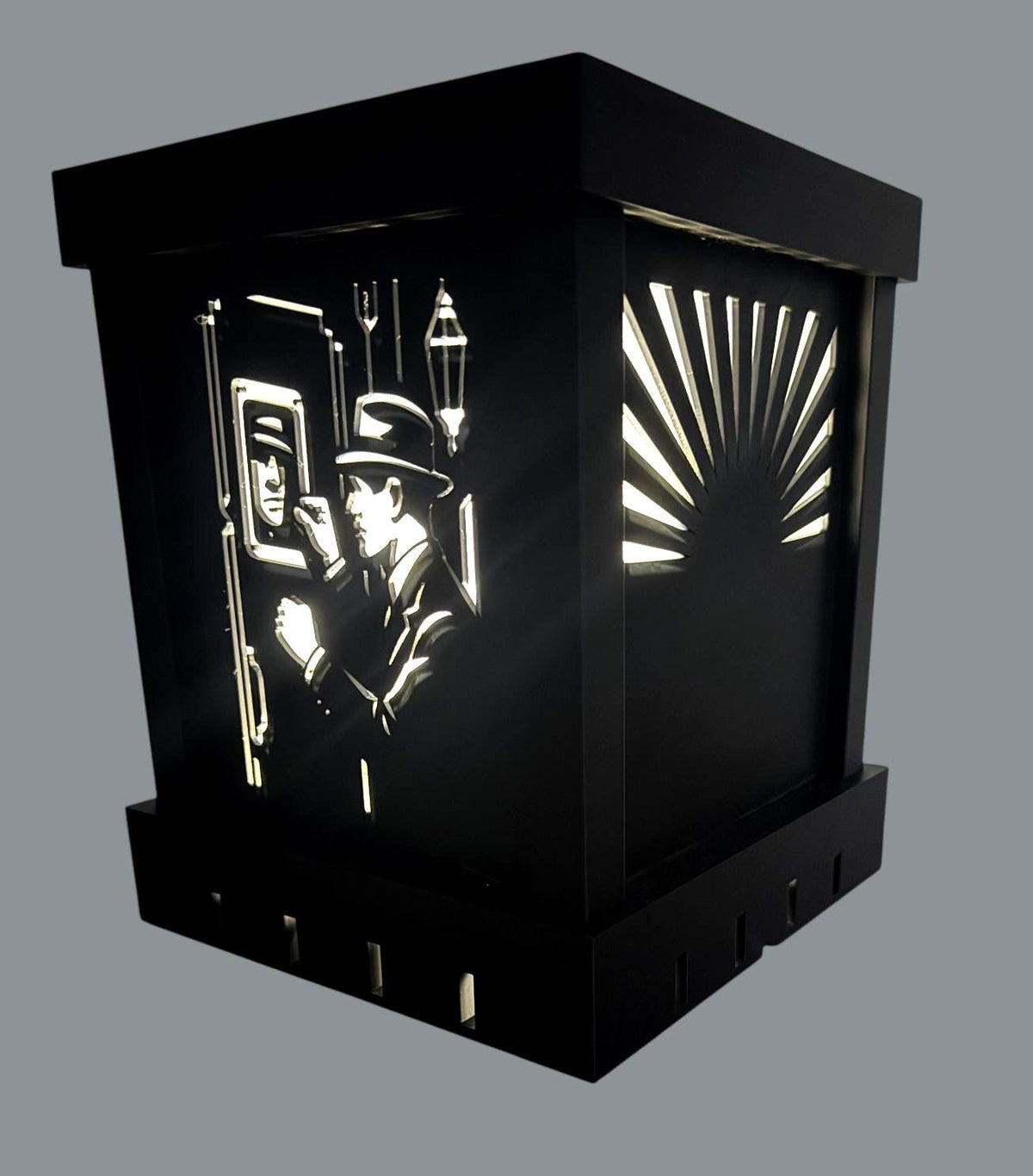 ART DECO Noir Table Light, The Knock at the Green Door, black gold LED lamp, detective silhouette decor, moody nightstand gift