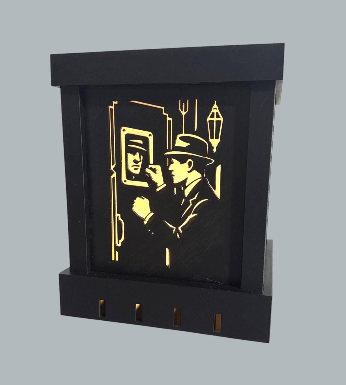 ART DECO Noir Table Light, The Knock at the Green Door, black gold LED lamp, detective silhouette decor, moody nightstand gift