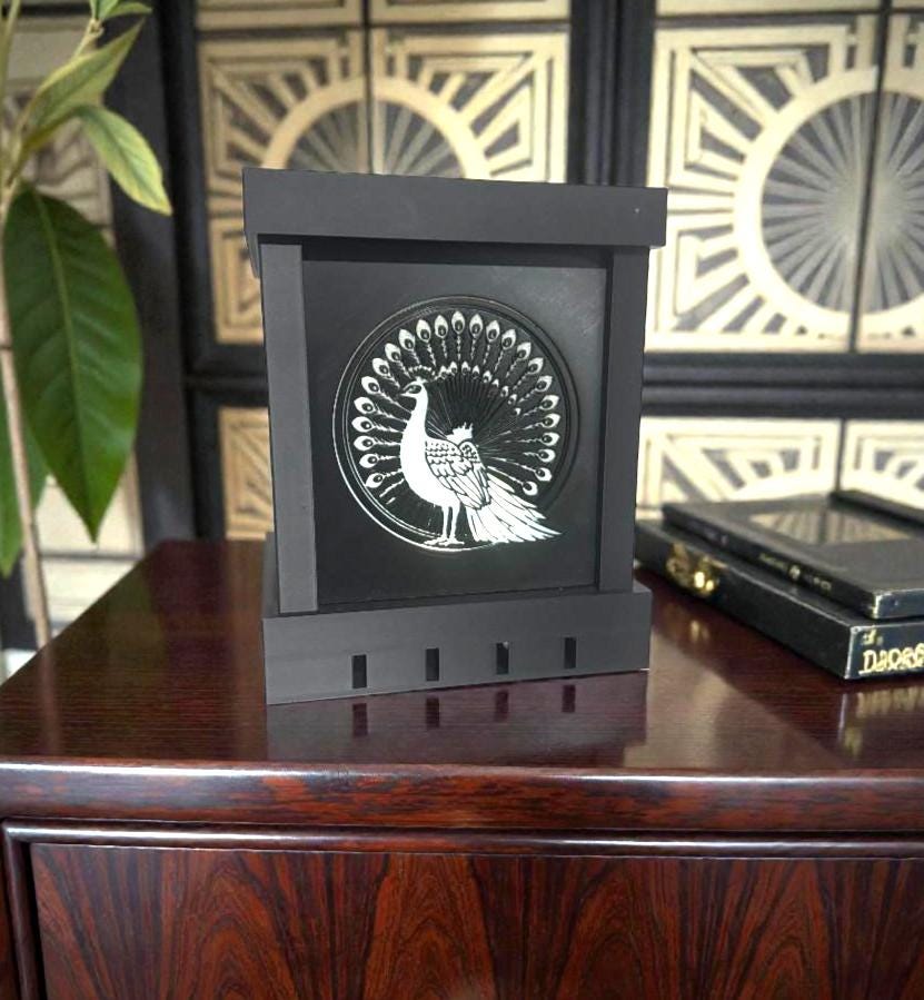 Art Deco PEACOCK SPENDLOR Lamp, black and ivory/gold/tan table light, three tone LED, statement table or bedside decor, glam gift for her