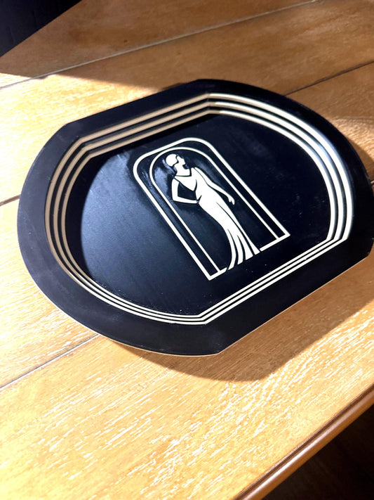 ART DECO LUXE Lady in Black Stadium Stepped Tray, vanity catchall, jewelry valet dish, entryway keys wallet organizer, glam gift for her