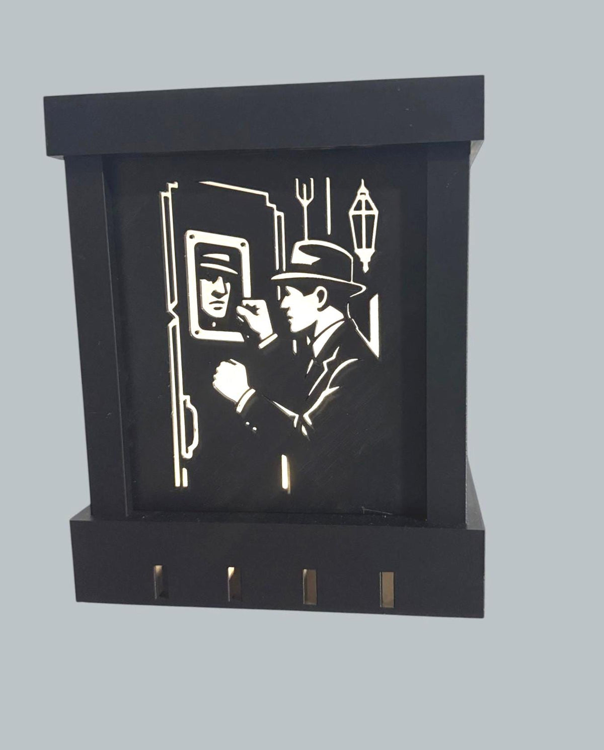 ART DECO Noir Table Light, The Knock at the Green Door, black gold LED lamp, detective silhouette decor, moody nightstand gift