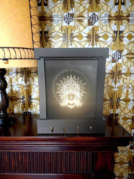 Sol Invictus Mayan Revival Lamp - ART DECO SUN Deity Mood Light - Mesoamerican Ancient Future Decor - Matte Black Celestial Desk Lamp
