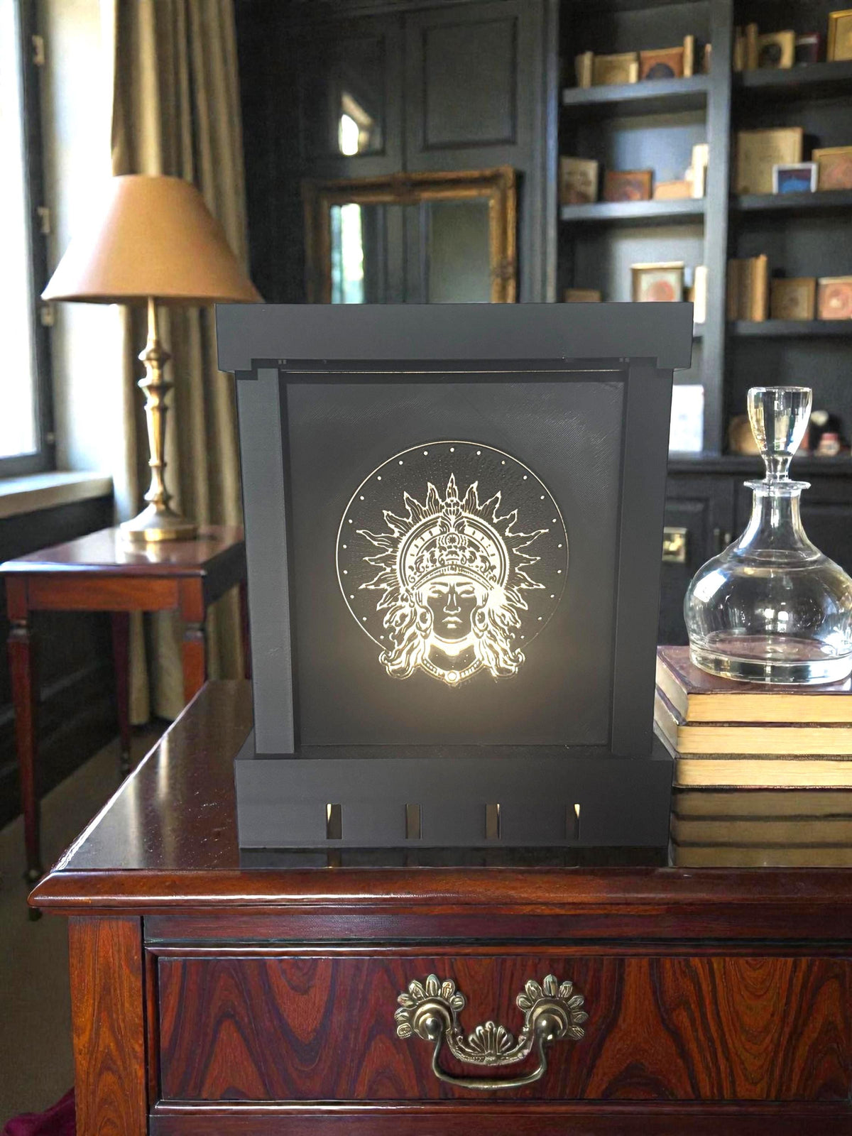 Sol Invictus Mayan Revival Lamp - ART DECO SUN Deity Mood Light - Mesoamerican Ancient Future Decor - Matte Black Celestial Desk Lamp