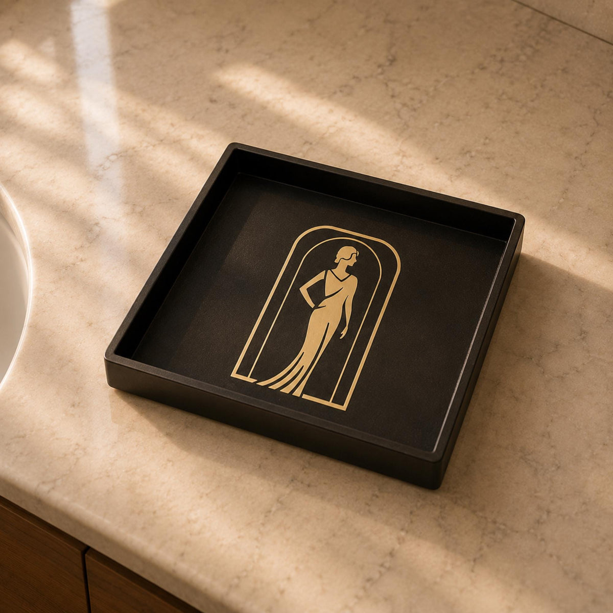 ART DECO Lady in Black Bathroom Set | Powder Room Vanity Decor | Tissue Box Cover, Soap Dispenser with Pump & Tray | Luxe Gift Bundle