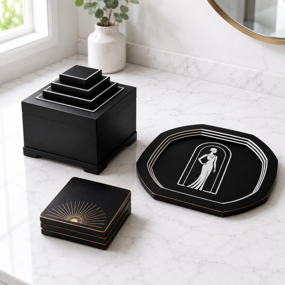 ART DECO Display Set | Coffee Table & Console Decor | Lady in Black LUXE Tray, Pyramid Box and Coasters