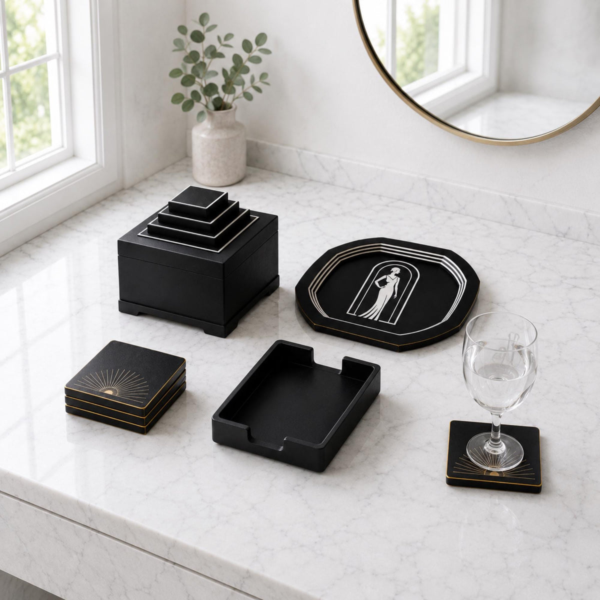 ART DECO Display Set | Coffee Table & Console Decor | Lady in Black LUXE Tray, Pyramid Box and Coasters