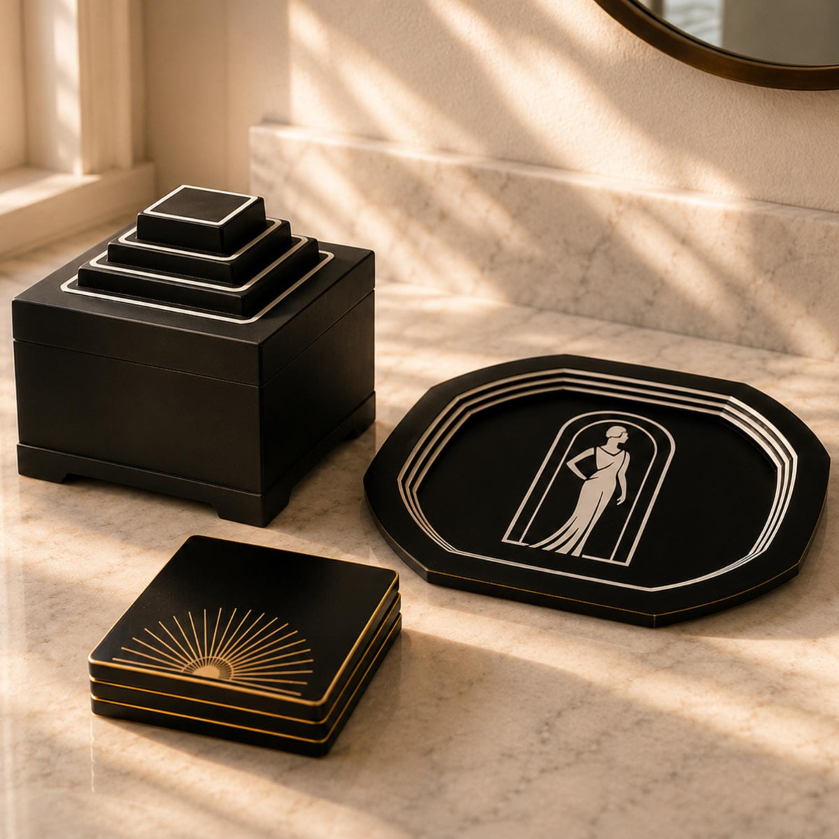 ART DECO Display Set | Coffee Table & Console Decor | Lady in Black LUXE Tray, Pyramid Box and Coasters